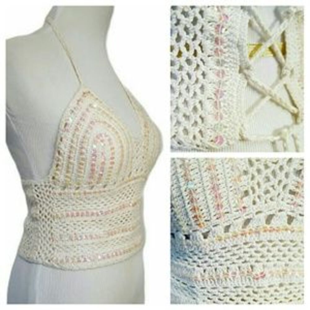 White Crochet Sequenced Halter Top